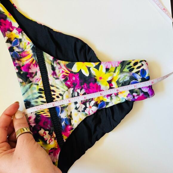 BEACH BUNNY Black Pink Floral Print Panama Reversible Strappy Cutout Bikini L - Picture 8 of 8